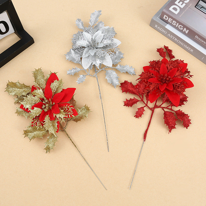 14.5 Inch Artificial Glitter Poinsettia Flower Stems with Leaves – Bulk Quantity