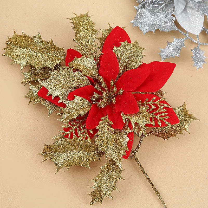 14.5 Inch Artificial Glitter Poinsettia Flower Stems with Leaves – Bulk Quantity