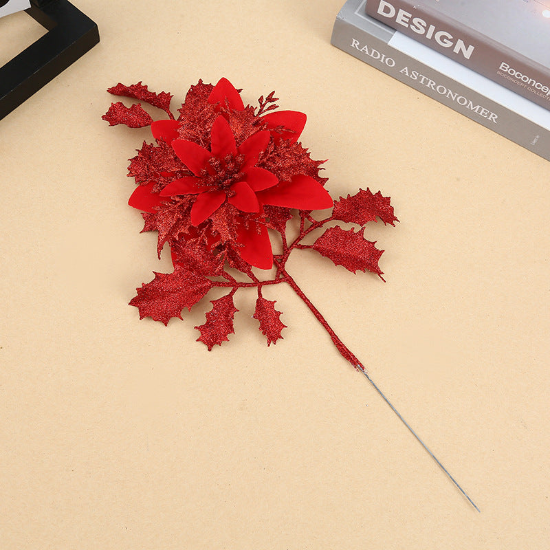 14.5 Inch Artificial Glitter Poinsettia Flower Stems with Leaves – Bulk Quantity