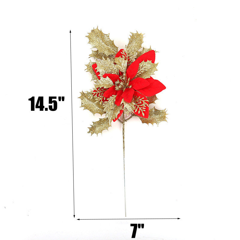 14.5 Inch Artificial Glitter Poinsettia Flower Stems with Leaves – Bulk Quantity