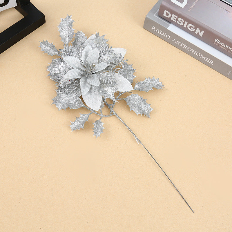 14.5 Inch Artificial Glitter Poinsettia Flower Stems with Leaves – Bulk Quantity
