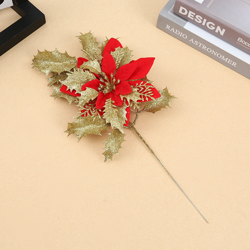 14.5 Inch Artificial Glitter Poinsettia Flower Stems with Leaves – Bulk Quantity