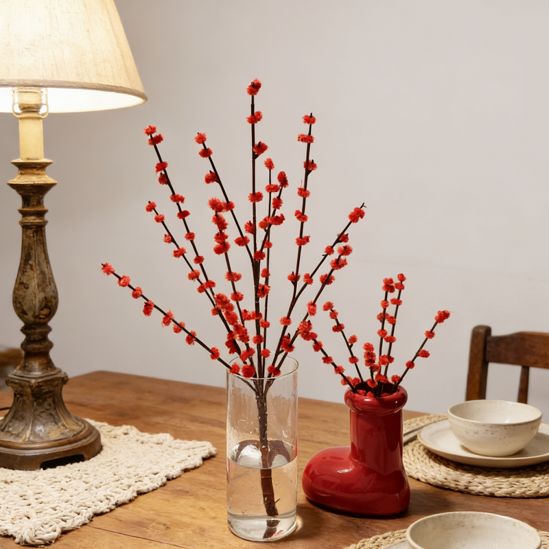 Artificial Red Pussy Willow Branches 10 Pcs 24 Inch Bulk Floral Stems for Wedding Home Decor