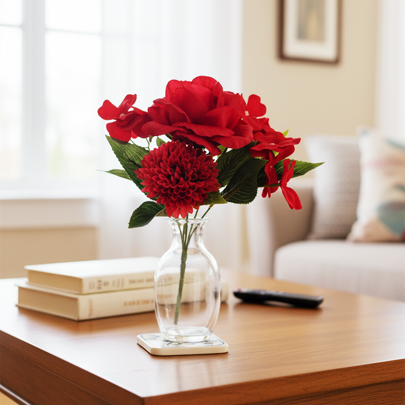 11 Inch Artificial Red Mixed Flower Bush Bouquet with Roses, Chrysanthemums, and Impatiens, Bulk Quantity