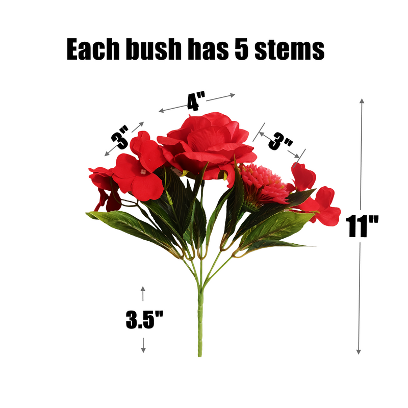 11 Inch Artificial Red Mixed Flower Bush Bouquet with Roses, Chrysanthemums, and Impatiens, Bulk Quantity