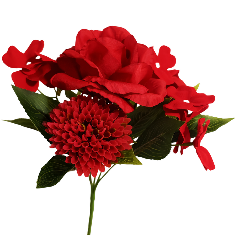 11 Inch Artificial Red Mixed Flower Bush Bouquet with Roses, Chrysanthemums, and Impatiens, Bulk Quantity