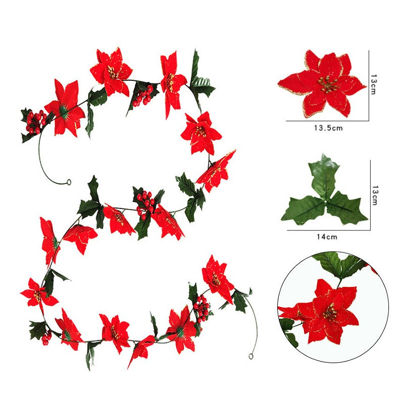 98 Inch Poinsettia Garland with Holly Leaves, Artificial Christmas Decoration, Bulk Quantity