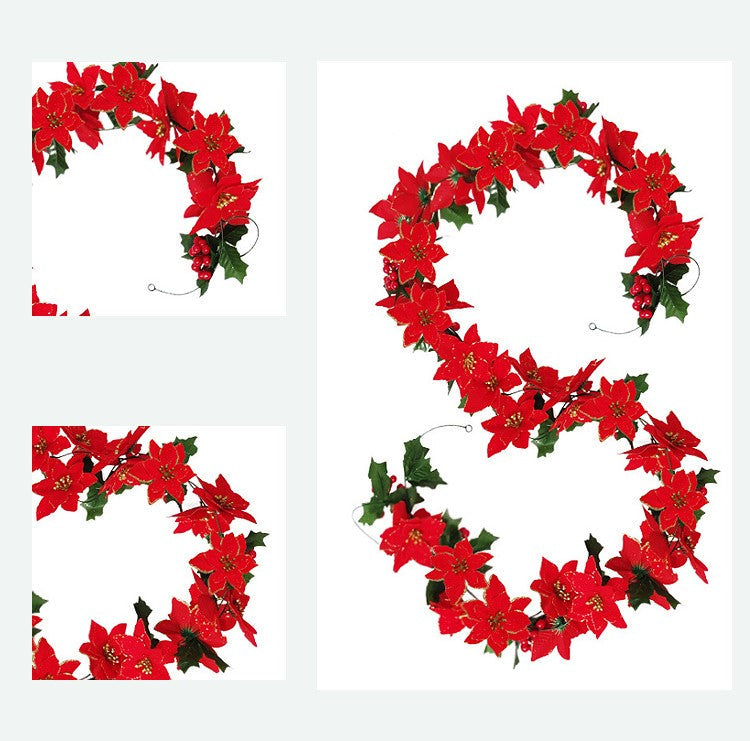 98 Inch Poinsettia Garland with Holly Leaves, Artificial Christmas Decoration, Bulk Quantity