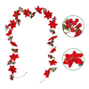 98 Inch Poinsettia Garland with Holly Leaves, Artificial Christmas Decoration, Bulk Quantity