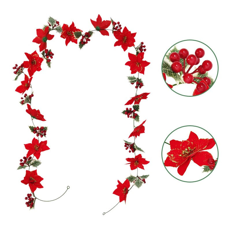 98 Inch Poinsettia Garland with Holly Leaves, Artificial Christmas Decoration, Bulk Quantity