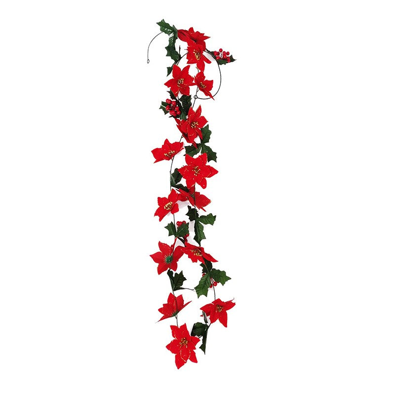 98 Inch Poinsettia Garland with Holly Leaves, Artificial Christmas Decoration, Bulk Quantity