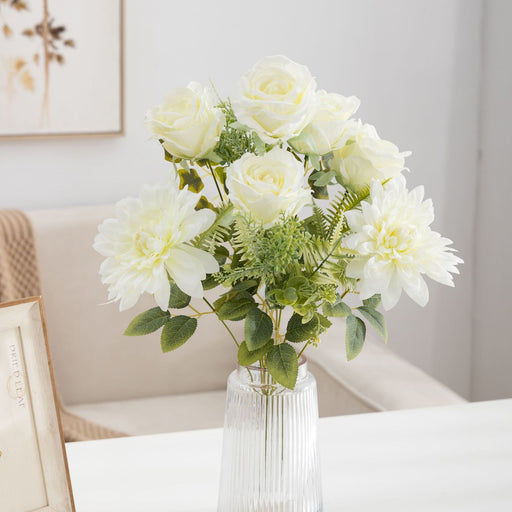 20 Inch Artificial Silk Rose and Dahlia Bouquet, Large Mixed Flower Bush, 1 Pc