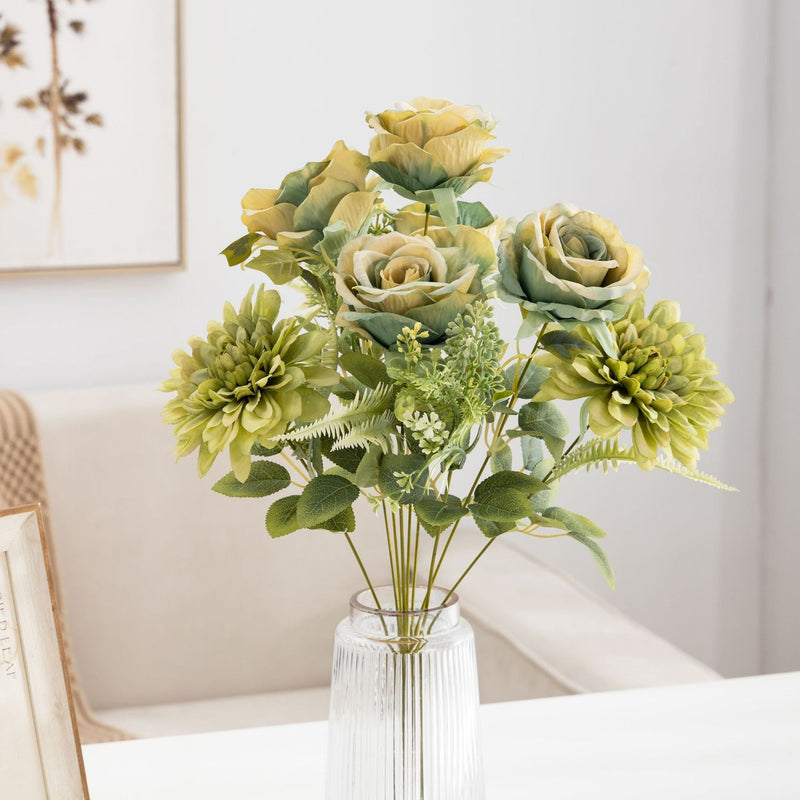 20 Inch Artificial Silk Rose and Dahlia Bouquet, Large Mixed Flower Bush, 1 Pc