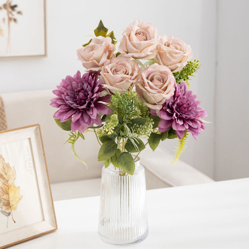 20 Inch Artificial Silk Rose and Dahlia Bouquet, Large Mixed Flower Bush, 1 Pc