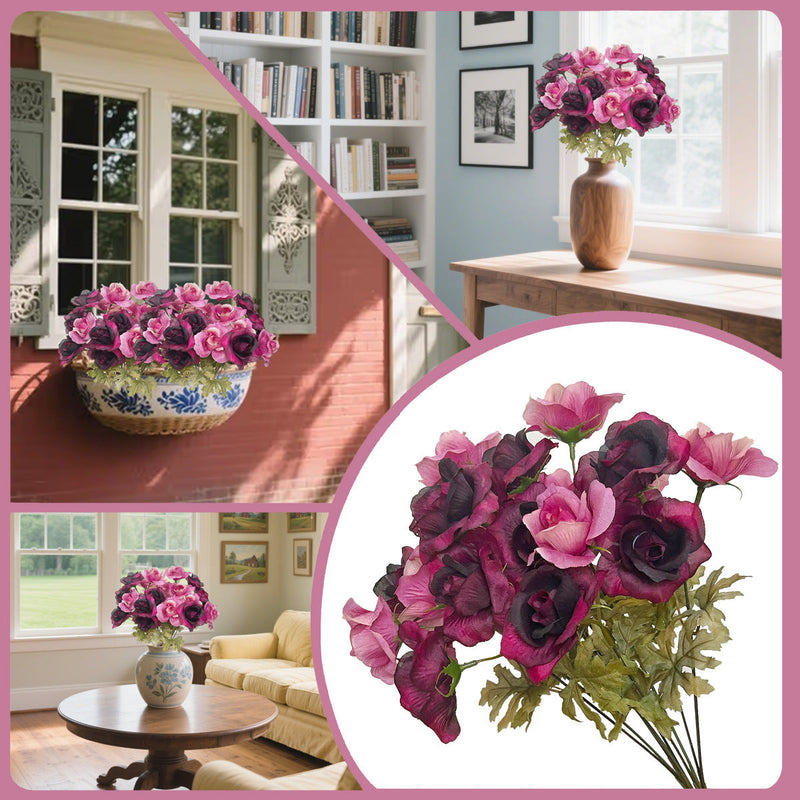 14.9 Inch Artificial Rose Bush Bouquet, 1 Pc Faux Silk Flower Arrangement for Fall Autumn Home Decor