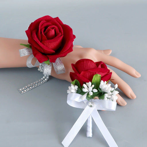 Artificial Rose Corsage Wristlet Bands and Men Boutonnieres Set, Bulk Wedding Flowers, Silk, Multiple Colors