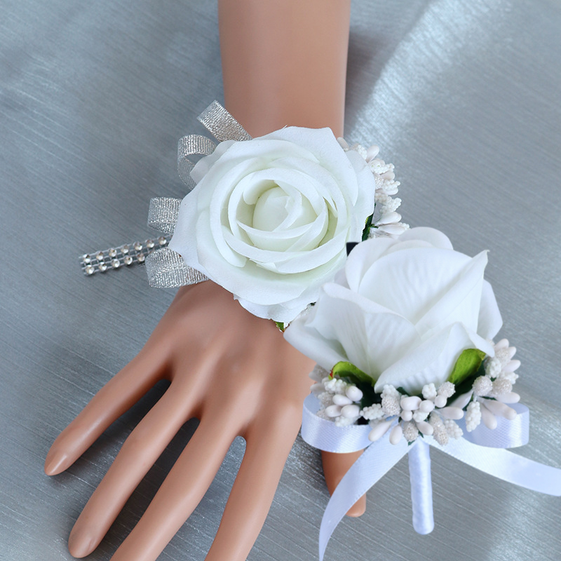 Artificial Rose Corsage Wristlet Bands and Men Boutonnieres Set, Bulk Wedding Flowers, Silk, Multiple Colors