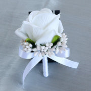 Artificial Rose Corsage Wristlet Bands and Men Boutonnieres Set, Bulk Wedding Flowers, Silk, Multiple Colors