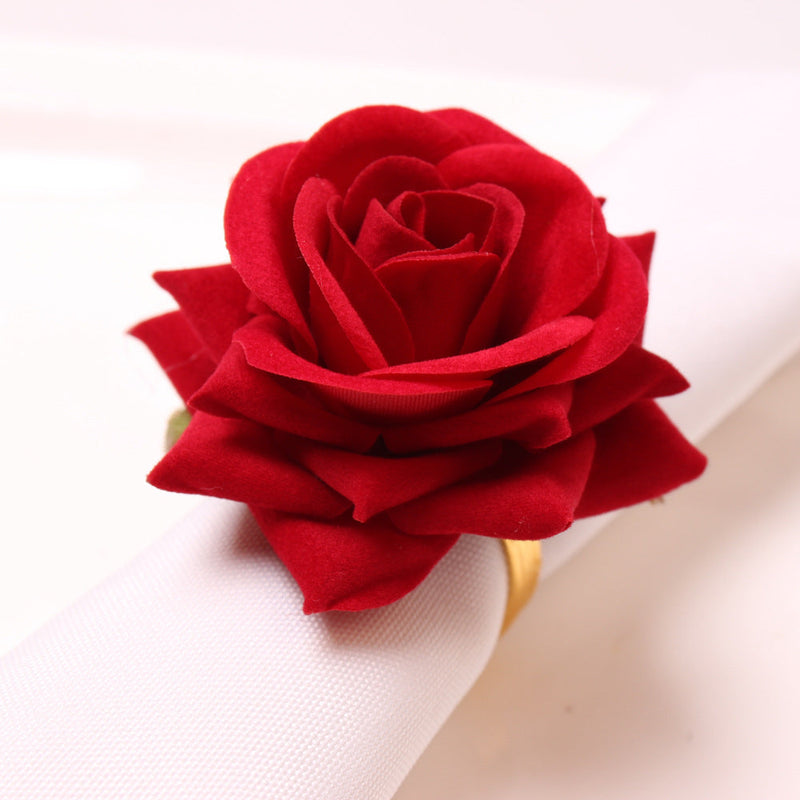 6 Pcs Artificial Silk Rose Napkin Rings with Gold Metal Holder Set
