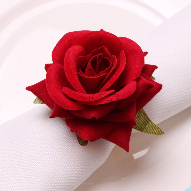 6 Pcs Artificial Silk Rose Napkin Rings with Gold Metal Holder Set