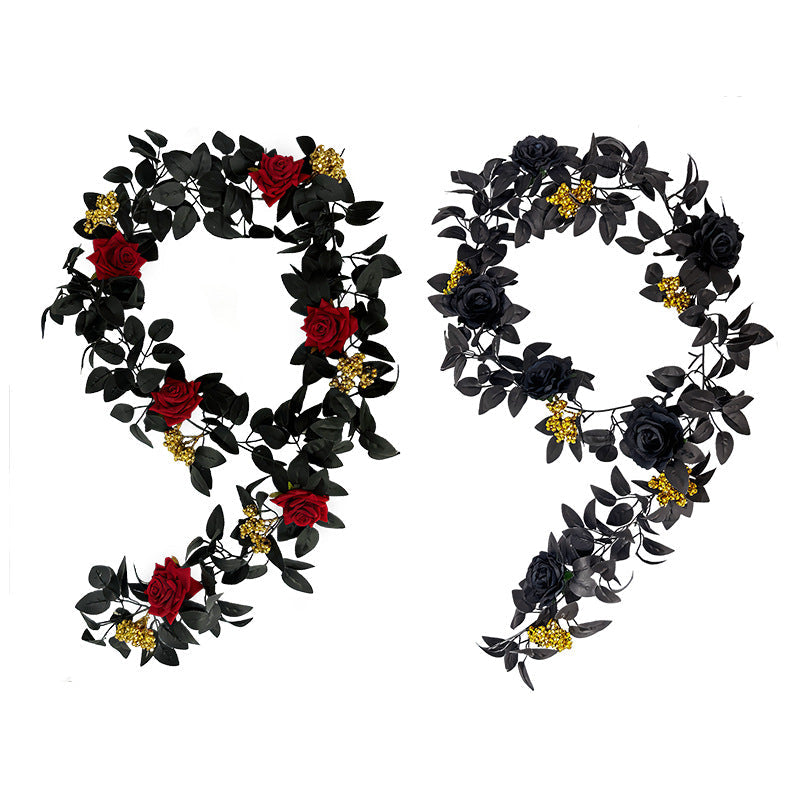 5.7ft Black Artificial Halloween Garland with Roses and Berries – Bulk Quantity