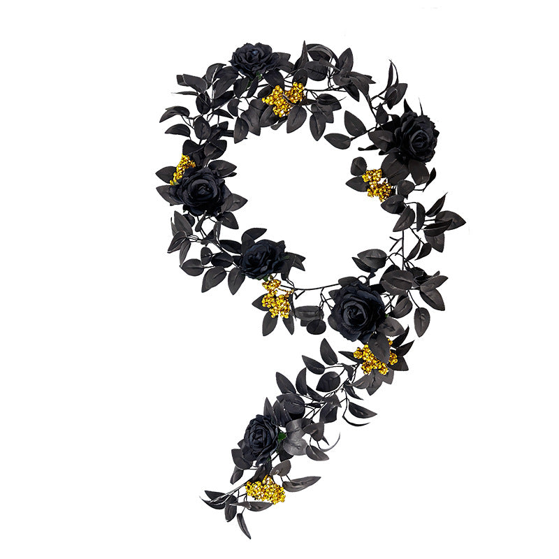 5.7ft Black Artificial Halloween Garland with Roses and Berries – Bulk Quantity