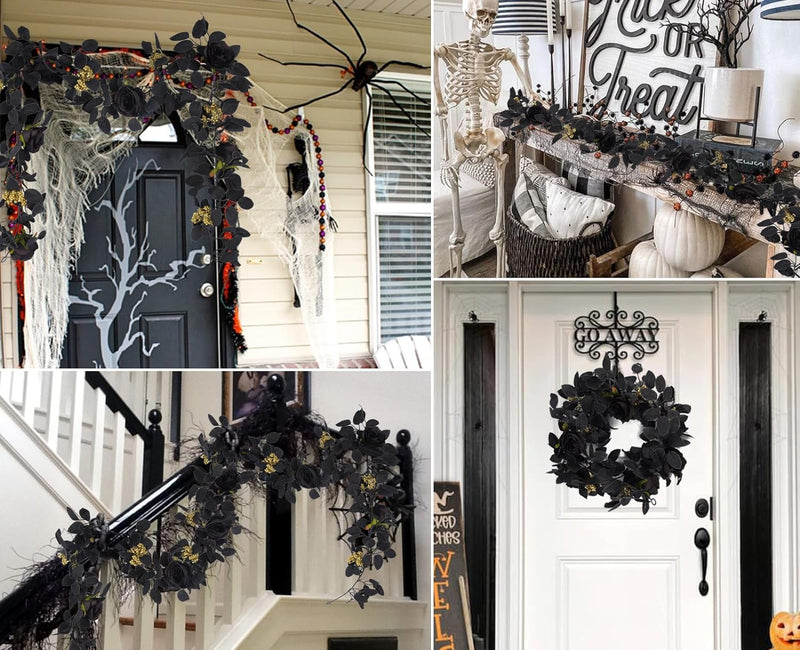 5.7ft Black Artificial Halloween Garland with Roses and Berries – Bulk Quantity