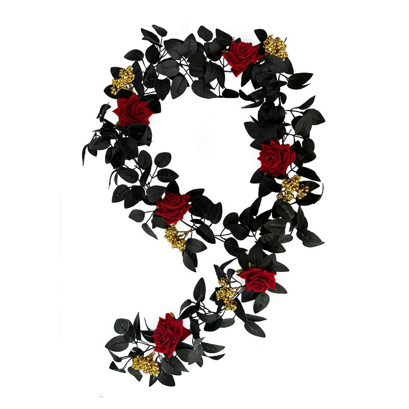 5.7ft Black Artificial Halloween Garland with Roses and Berries – Bulk Quantity