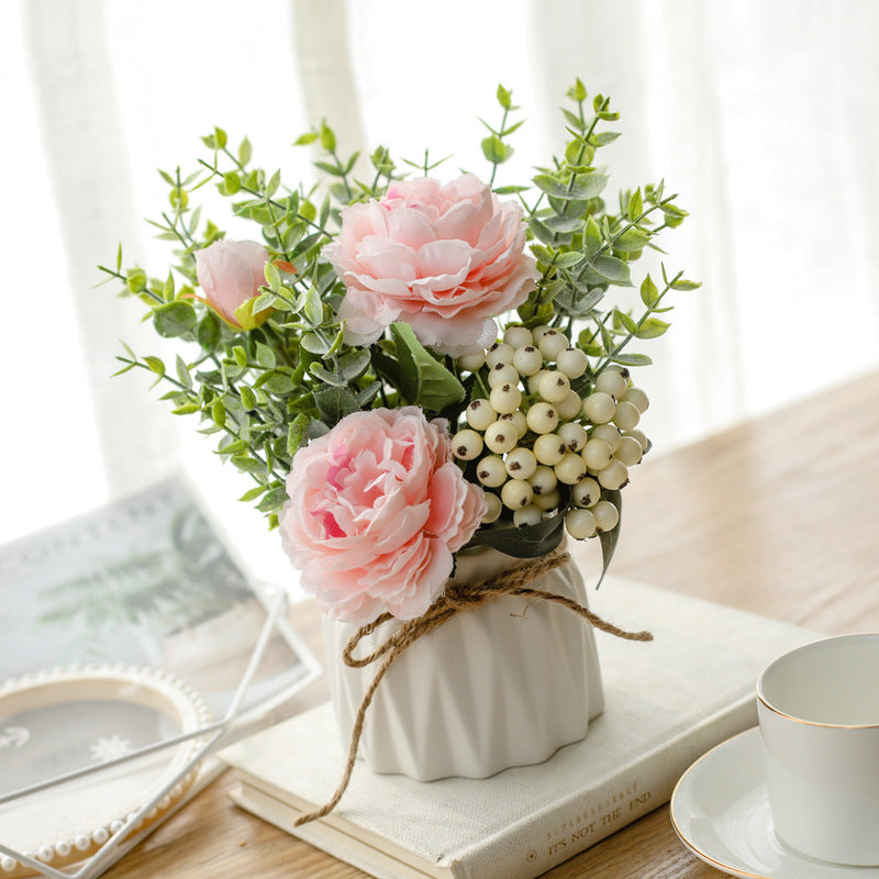 7 Inch Artificial Rose and Berries Bouquet in Vase, 1 Pc Silk Floral Arrangement