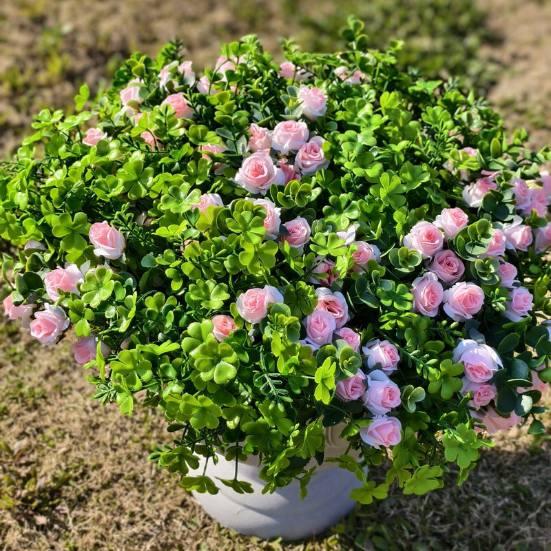 24 Bundles Artificial Shamrock Clover Bush with Pink Rose Flowers, Outdoor Silk Plants
