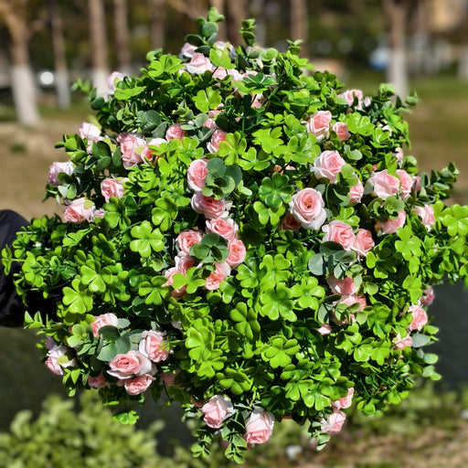 24 Bundles Artificial Shamrock Clover Bush with Pink Rose Flowers, Outdoor Silk Plants