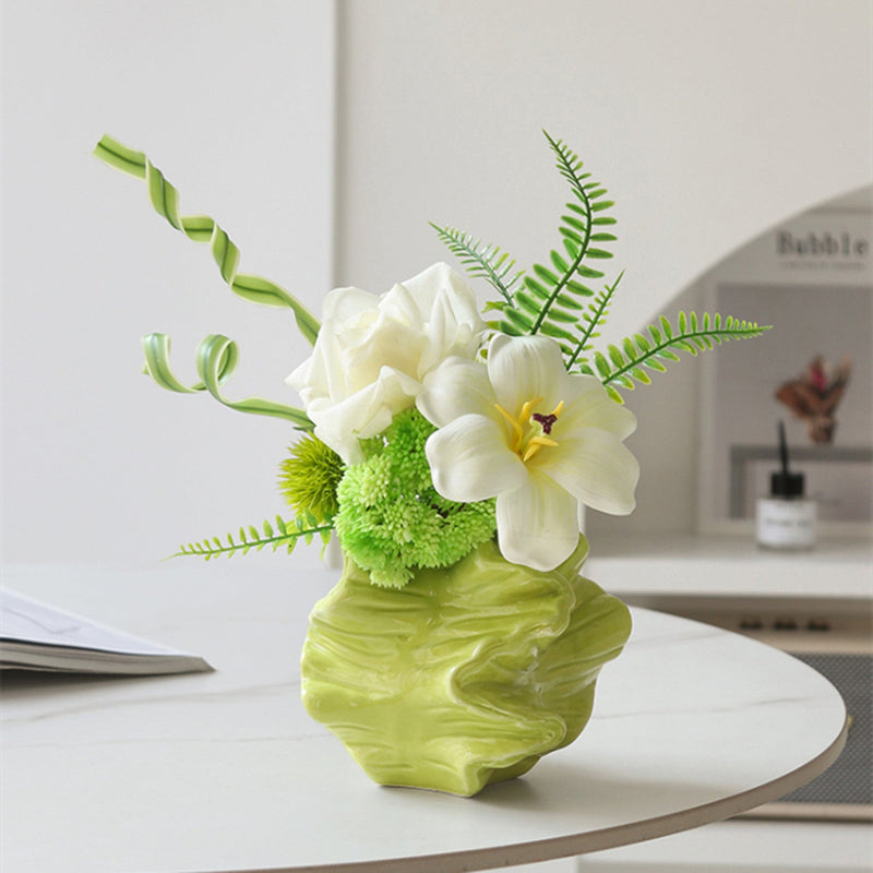 12.6 Inch Artificial White and Green Spring Flower Bouquet with Ceramic Vase, 1 Pc