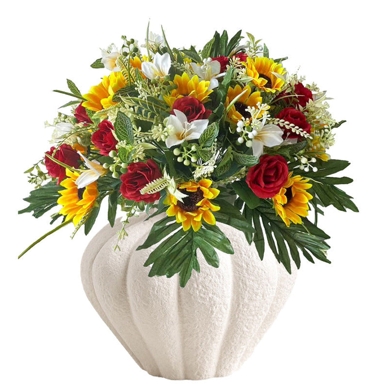 18.5 Inch Artificial Sunflower Bouquet with Roses & Orchids, Mixed Silk Flowers for Cemetery Memorial Decor, Bulk Quantity