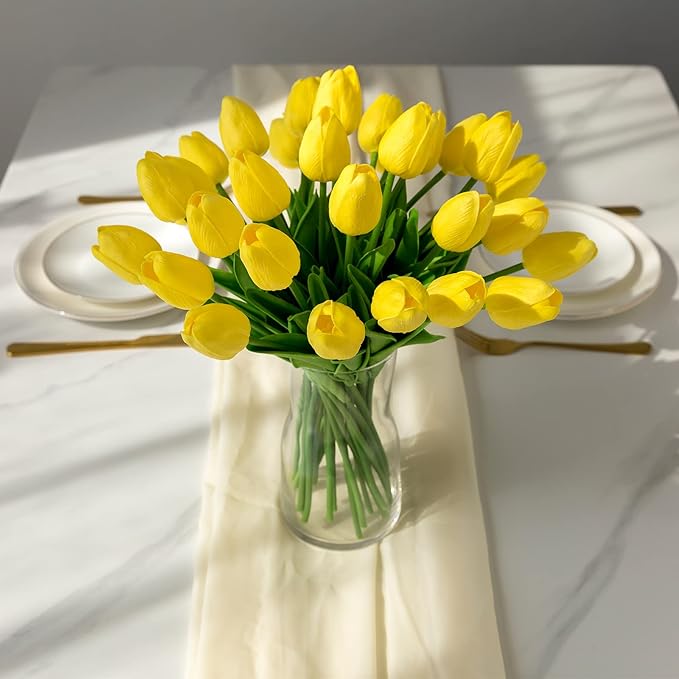 20 Packs 13.5 Inch Artificial Tulip Stems, Lifelike PU Silk Flowers for Spring Centerpieces, Easter Decor, Vase Arrangements