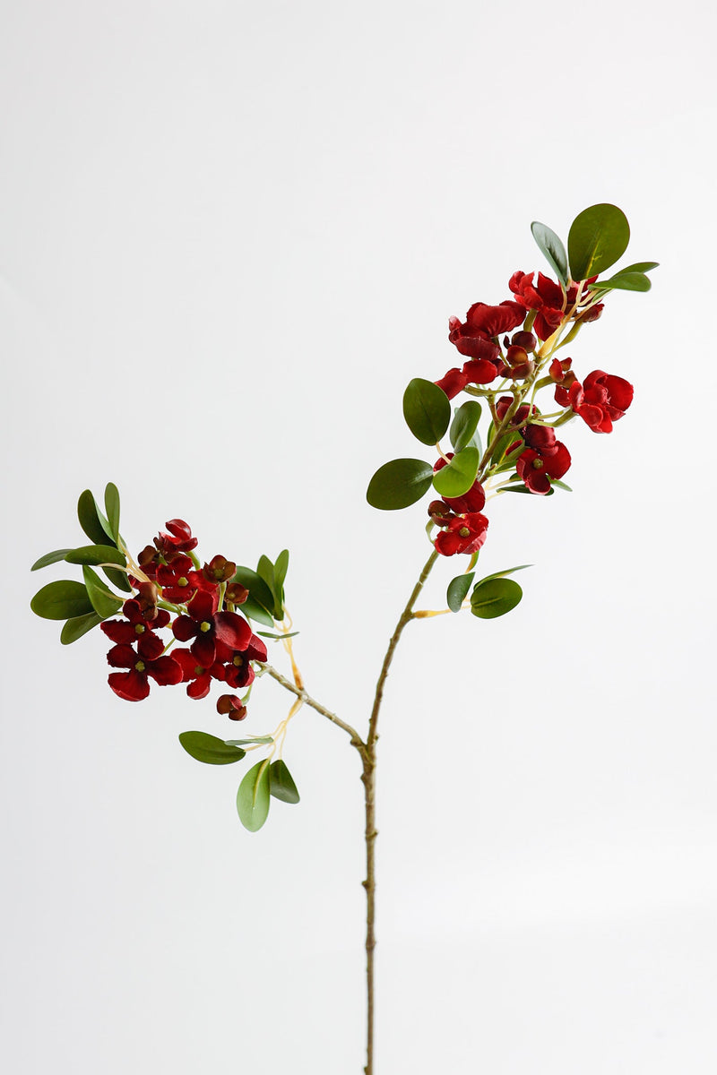 Faux Greenery Branch with Flowers, Artificial Silk Floral Stem, 18 Inch, Green