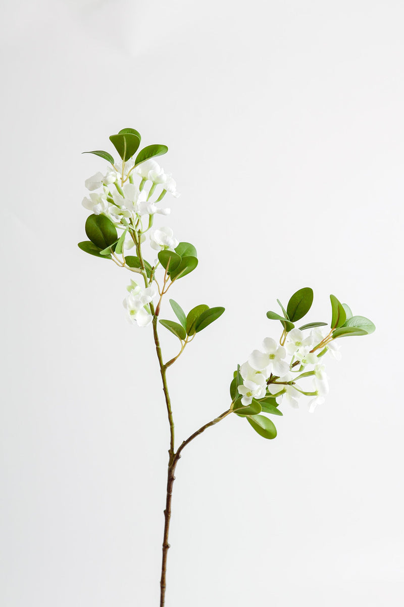 Faux Greenery Branch with Flowers, Artificial Silk Floral Stem, 18 Inch, Green