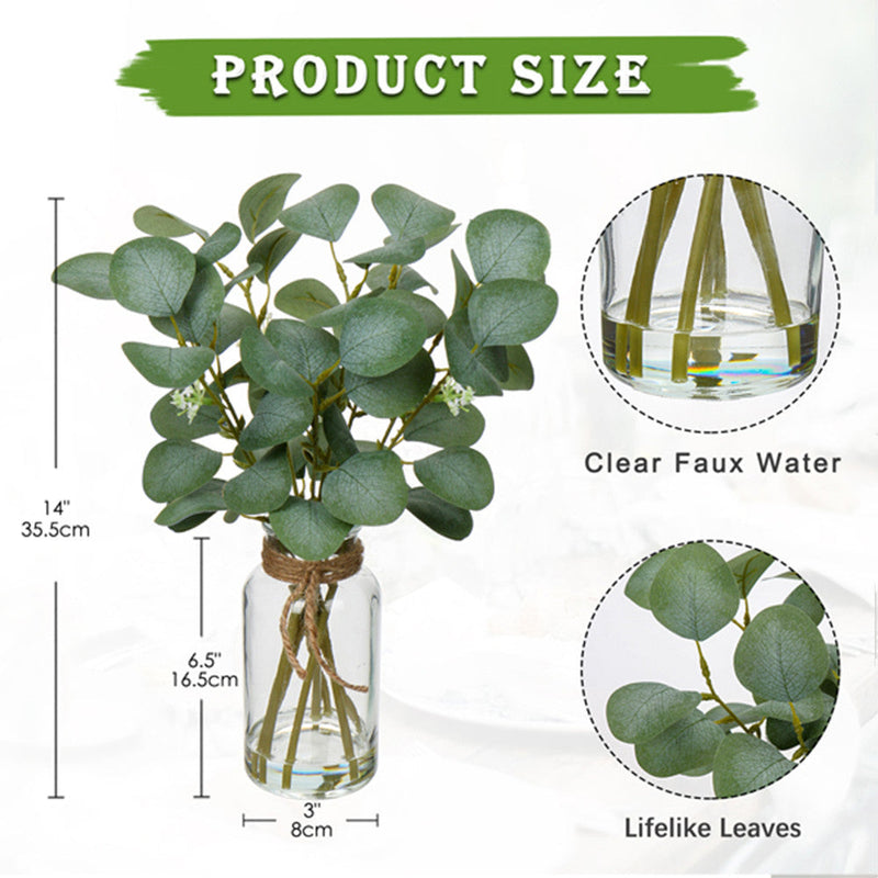 14 Inch Artificial Eucalyptus Stems 6 Pcs Greenery Arrangement in Glass Vase with Faux Water