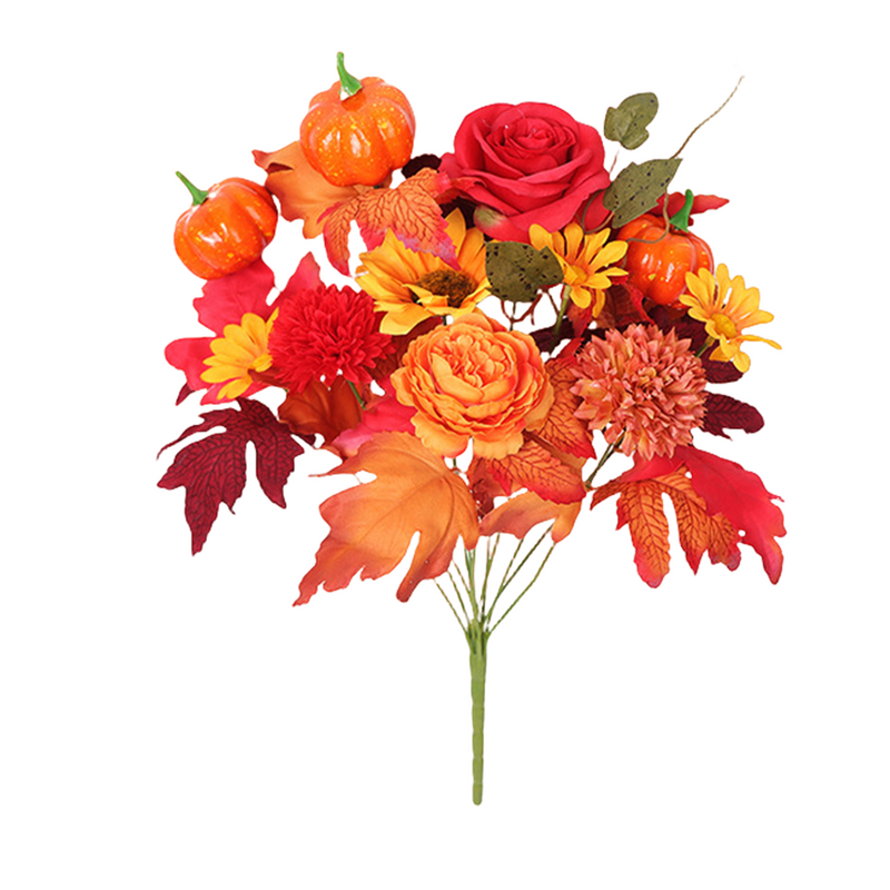 17 Inch Artificial Fall Flower Bushes 5 Types Rose Peony Sunflower Mum Pumpkin Bulk Decor
