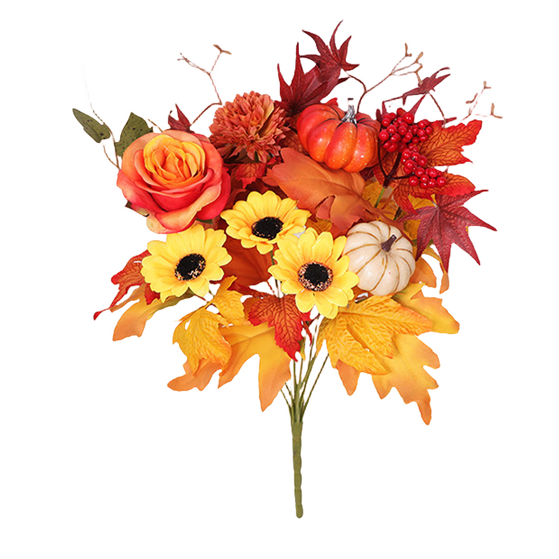 17 Inch Artificial Fall Flower Bushes 5 Types Rose Peony Sunflower Mum Pumpkin Bulk Decor