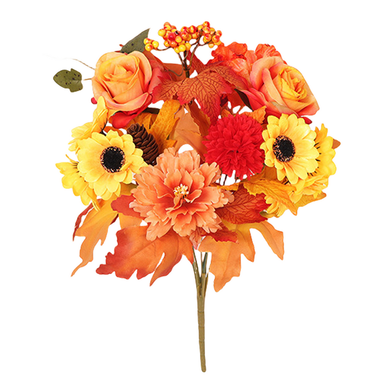 17 Inch Artificial Fall Flower Bushes 5 Types Rose Peony Sunflower Mum Pumpkin Bulk Decor
