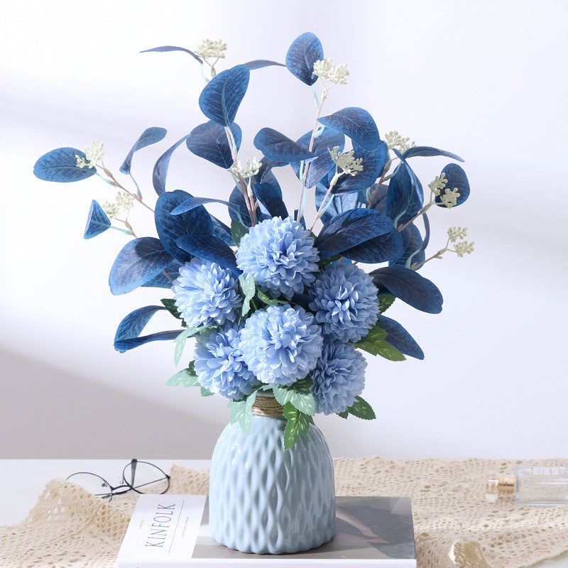 Artificial Kiku Mum Ball Flowers Bouquet with Eucalyptus, 10 Pcs Silk Floral Stems, Bulk Wholesale