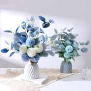 Artificial Kiku Mum Ball Flowers Bouquet with Eucalyptus, 10 Pcs Silk Floral Stems, Bulk Wholesale