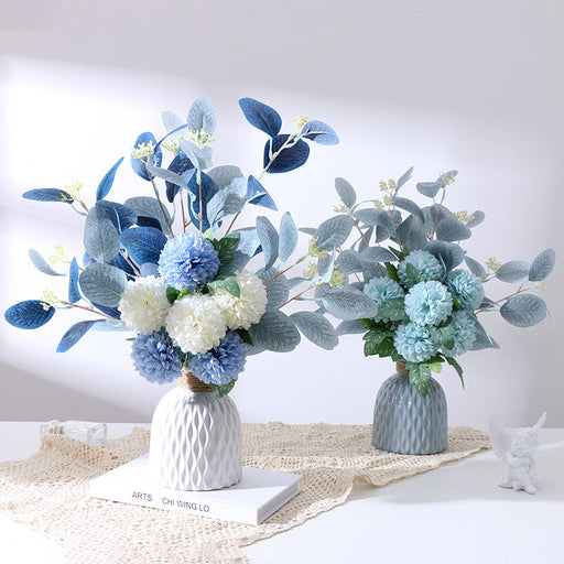 Artificial Kiku Mum Ball Flowers Bouquet with Eucalyptus, 10 Pcs Silk Floral Stems, Bulk Wholesale