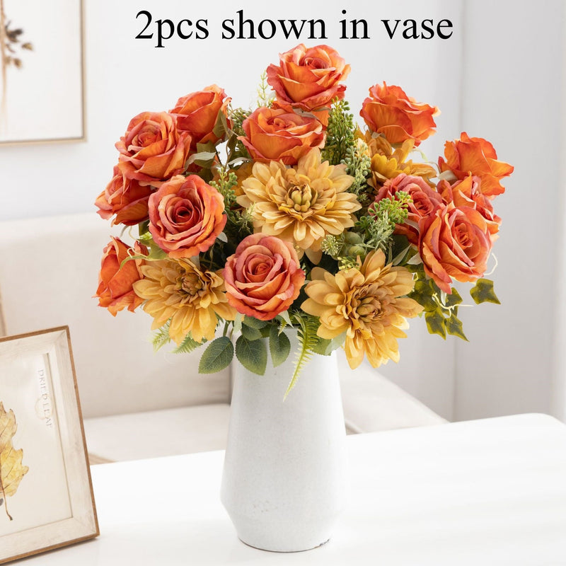 20 Inch Artificial Silk Rose and Dahlia Bouquet, Large Mixed Flower Bush, 1 Pc