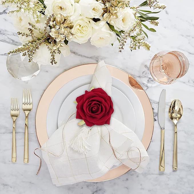 6 Pcs Artificial Silk Rose Napkin Rings with Gold Metal Holder Set