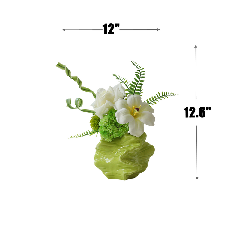 12.6 Inch Artificial White and Green Spring Flower Bouquet with Ceramic Vase, 1 Pc
