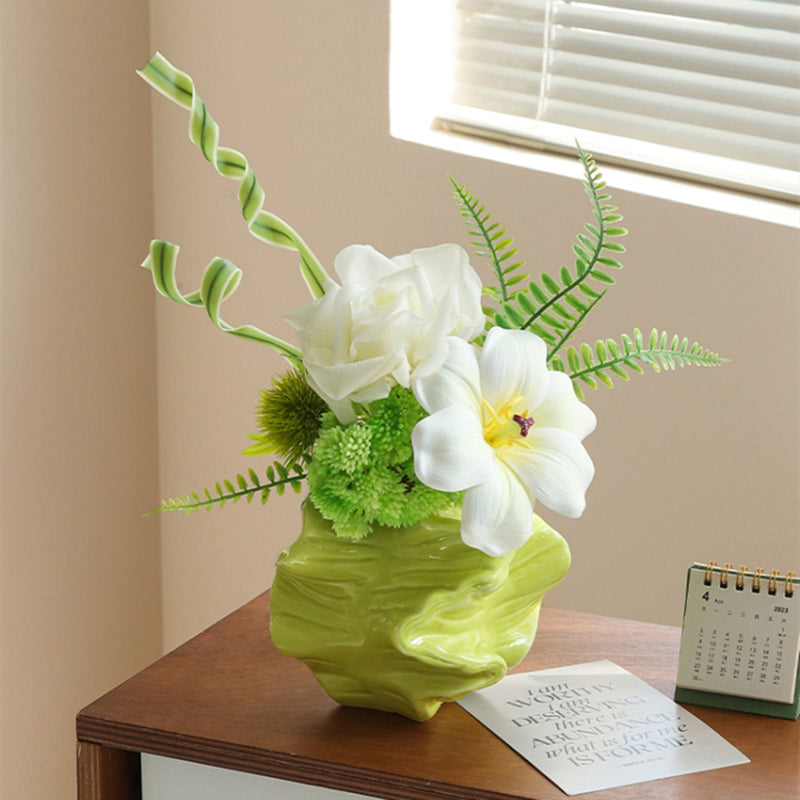 12.6 Inch Artificial White and Green Spring Flower Bouquet with Ceramic Vase, 1 Pc