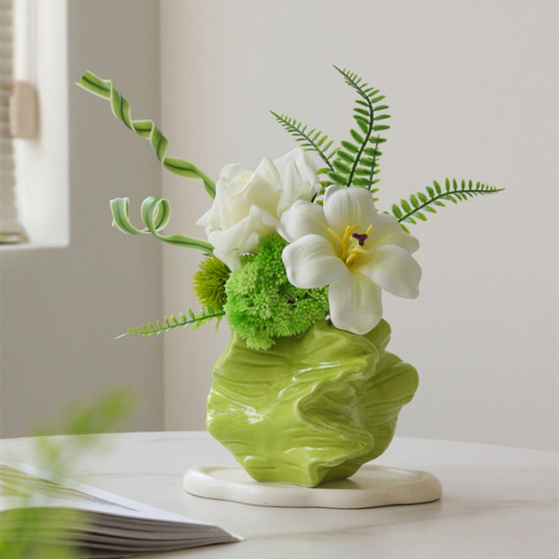 12.6 Inch Artificial White and Green Spring Flower Bouquet with Ceramic Vase, 1 Pc