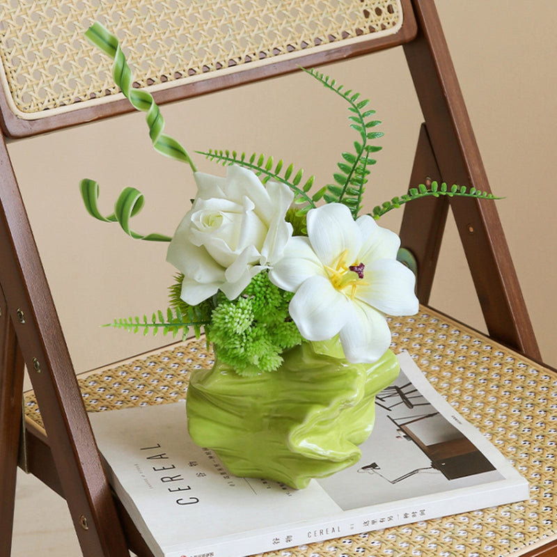 12.6 Inch Artificial White and Green Spring Flower Bouquet with Ceramic Vase, 1 Pc