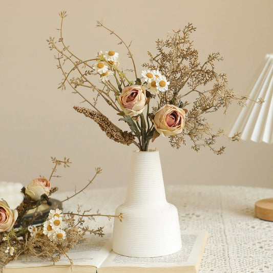 Autumn Toned Faux Dried Flower Bouquet - 14.57 Inch Vintage Rose & Daisy Arrangement for Home Table Decor